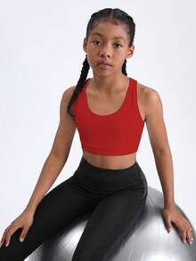 SHEIN Tween Girls' Solid Color Crossback Sports Tank Top - Red - View 5