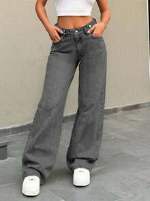 EURMUSE Low Waist Button Detailed Snow Wash Straight Cut Jean - Light Grey - View 4