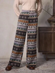 LanaWest Women's Unique Pattern Loose Draping Thick Fleece Palazzo Pants, Christmas - Multicolor - View 1