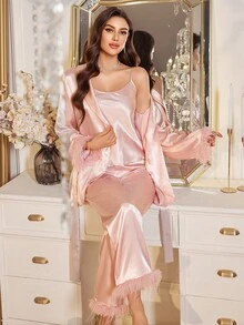 LuxeNights 3 件套女士优雅缎面拼布仿皮草吊带背心上衣和睡袍和裤子睡衣套装，秋季服装 - 粉色 - 查看 1