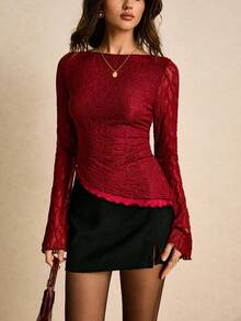 Poéselle 不对称下摆休闲纯色修身长袖女式T恤 - 酒紅色 - 查看 7