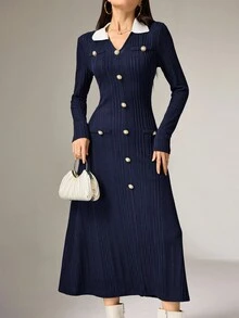 Heiryn 女士撞色纽扣装饰长袖中长连衣裙，优雅女装 - 藏蓝色 - 查看 3