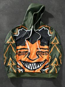 Chillumni 男士街头风连帽卫衣，宽松短款连帽衫，饰有超大撞色卡通脸图案，街头服饰，适合休闲、度假、情侣装、送给男友/老公的礼物、万圣节装扮、秋季穿着 - 綠色 - 查看 3