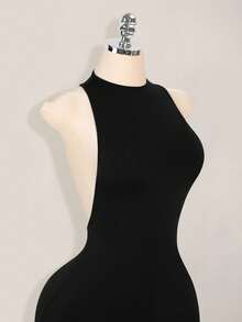 SHEIN ICON 纯色交叉露背性感休闲迷你连衣裙 - 黑色 - 查看 3