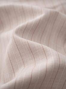 SHEIN LUNE 休闲通勤时尚高端奢华撞色腰带拼接前开领亚麻条纹面料斜口袋女士直筒裤 - 卡其色 - 查看 6