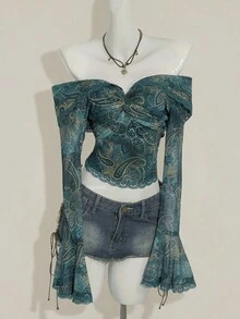 SHEIN ICON Fall Women's Western Boho Teal Green Bell Sleeve Off Shoulder Paisley Pattern Casual Long Sleeve Fitted Vintage Top