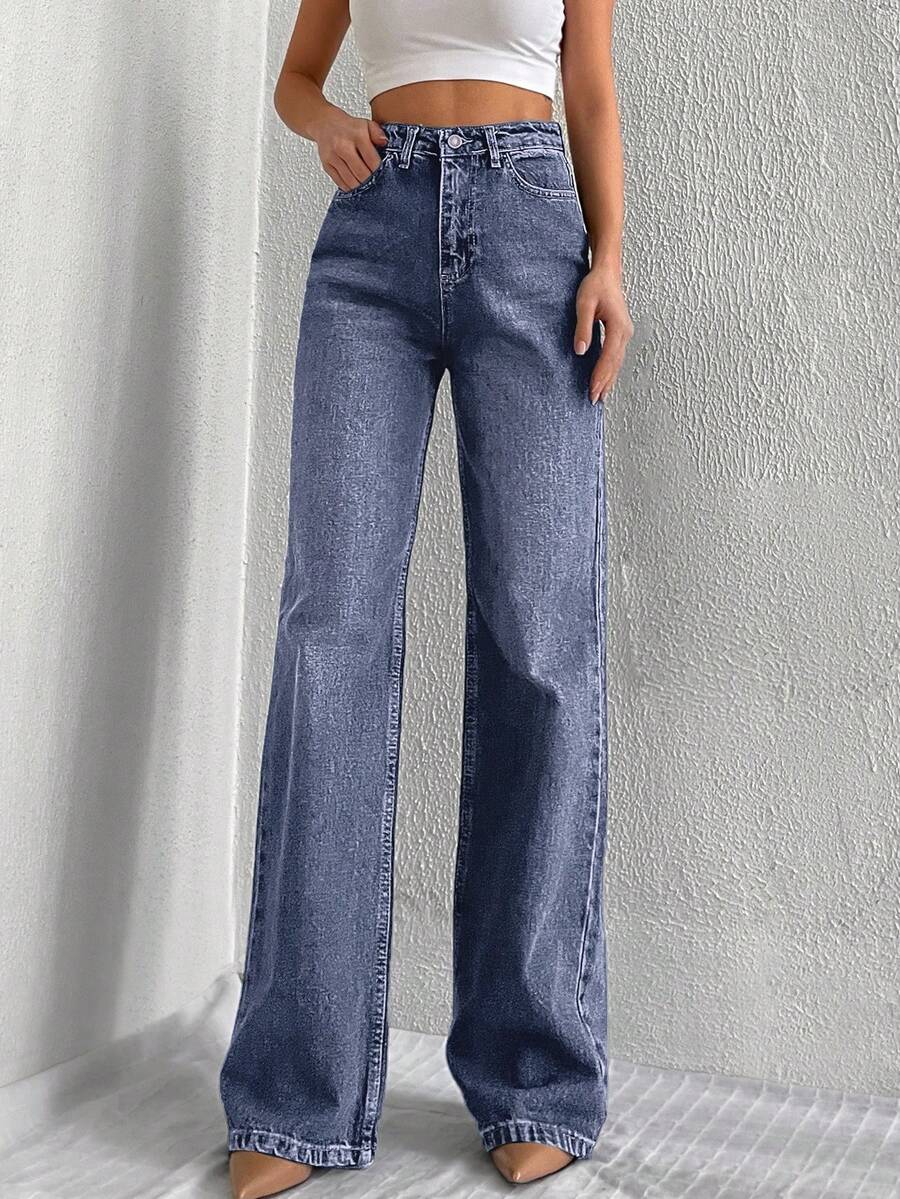 Cottnline Jeans droits amples et polyvalents à taille haute avec poches pour femmes - Bleu azur - Voir 1