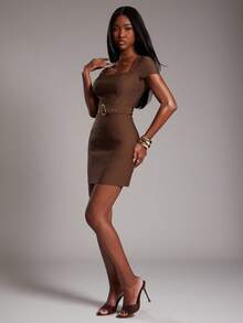 NYA SZN 短袖修身连衣裙，紧身腰带细节，办公室教师商务休闲装，返校季简约迷你长款秋季女装 - 棕色 - 查看 6