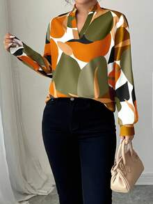 Elenzga 休闲商务简约百搭长袖宽松女士衬衫 - 橘色 - 查看 3