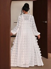 Maweii Plus Size Women Lantern Sleeve Open Front Lace Elegant Long Cardigan - White - View 2