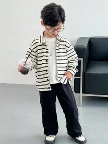 Genkimix Kids 2pcs/Set Toddler Boys' Autumn New Striped Collar Long Sleeve Button-Up Shirt Top And Straight Leg Casual Pants Set, Stylish Street Fashion Outfit Fall Winter - Black and White - View 1