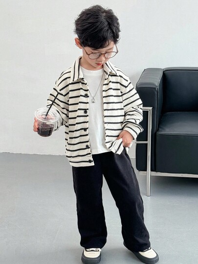 Genkimix Kids 2pcs/Set Toddler Boys' Autumn New Striped Collar Long Sleeve Button-Up Shirt Top And Straight Leg Casual Pants Set, Stylish Street Fashion Outfit Fall Winter