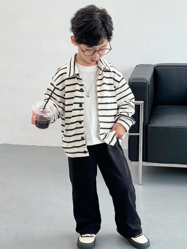 Genkimix Kids 2 件套幼儿男童秋季新款条纹领长袖纽扣衬衫上衣和直筒休闲裤套装，时尚街头时尚装