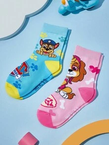 SHEIN | PAW Patrol 2 双棉质柔软透气吸湿排汗儿童男童中筒袜粉色蓝色可爱卡通中筒袜加固脚趾和脚跟，经久耐用男女通用，适合男孩和女孩，四季百搭，适合学校和户外，夏季冬季，狗狗，Skye，Chase - 彩色 - 查看 9