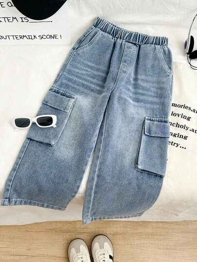 Genkimix Kids 男童时尚休闲宽松直筒工装牛仔裤，大口袋设计，打造秋季街头风，韩式都市秋冬造型