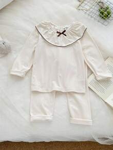 SHEIN Spring/Autumn New Korean Style Sweet Young Girls Set, Floral Trim Round Neck Long Sleeve Top + Slim Fit 2 Pieces Comfortable Casual Outfit Fall Winter - Apricot - View 1