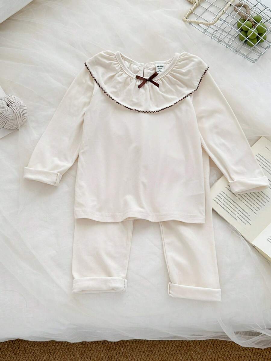 SHEIN Spring/Autumn New Korean Style Sweet Young Girls Set, Floral Trim Round Neck Long Sleeve Top + Slim Fit 2 Pieces Comfortable Casual Outfit Fall Winter - Apricot - View 1