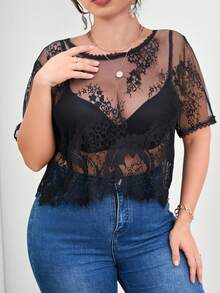 Elenzga Plus Guipure Lace Trim Mesh Top Without Bra - Black - View 3
