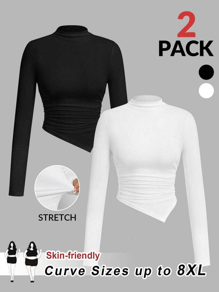SHEIN CURVE+ Áo thun tay dài màu đen trắng cổ bẻ viền bất đối xứng 2 chiếc/bộ - Đen và trắng - Xem 1