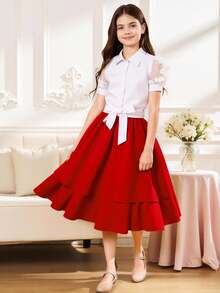 مجموعة بلوزة ذات طوق دانتيل مطرزة وتنورة قصيرة ذات كشكشة على الخصر لفتيات تين، طراز أنيق، مناسب للربيع والصيف والكريسماس 2 قطعة