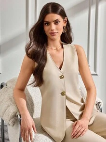 SHEIN Tall 亚麻两件套西装套装，黄色花朵纽扣细节，高级夏季系列，无袖V领背心搭配阔腿裤，现代职业套装，女性商务装，现代简约设计，专业休闲套装 - 米色 - 查看 6