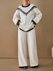 EURMUSE Conjunto casual de suéter de manga larga con hombros caídos y volantes de encaje en contraste, y pantalones de punto - Blanco - Ver 3