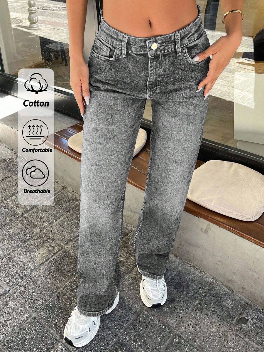 EURMUSE 96% CottonSTRAIGHT LEG MID WAIST JEANS - Grey - View 1