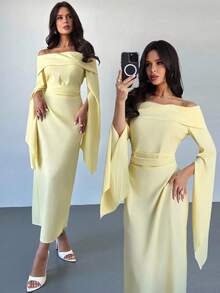 Firerie 优雅纯色露肩长袖褶皱腰 A 字中长连衣裙，适合日常、度假、返校、毕业典礼、派对 - 奶油黄 - 黃色 - 查看 2