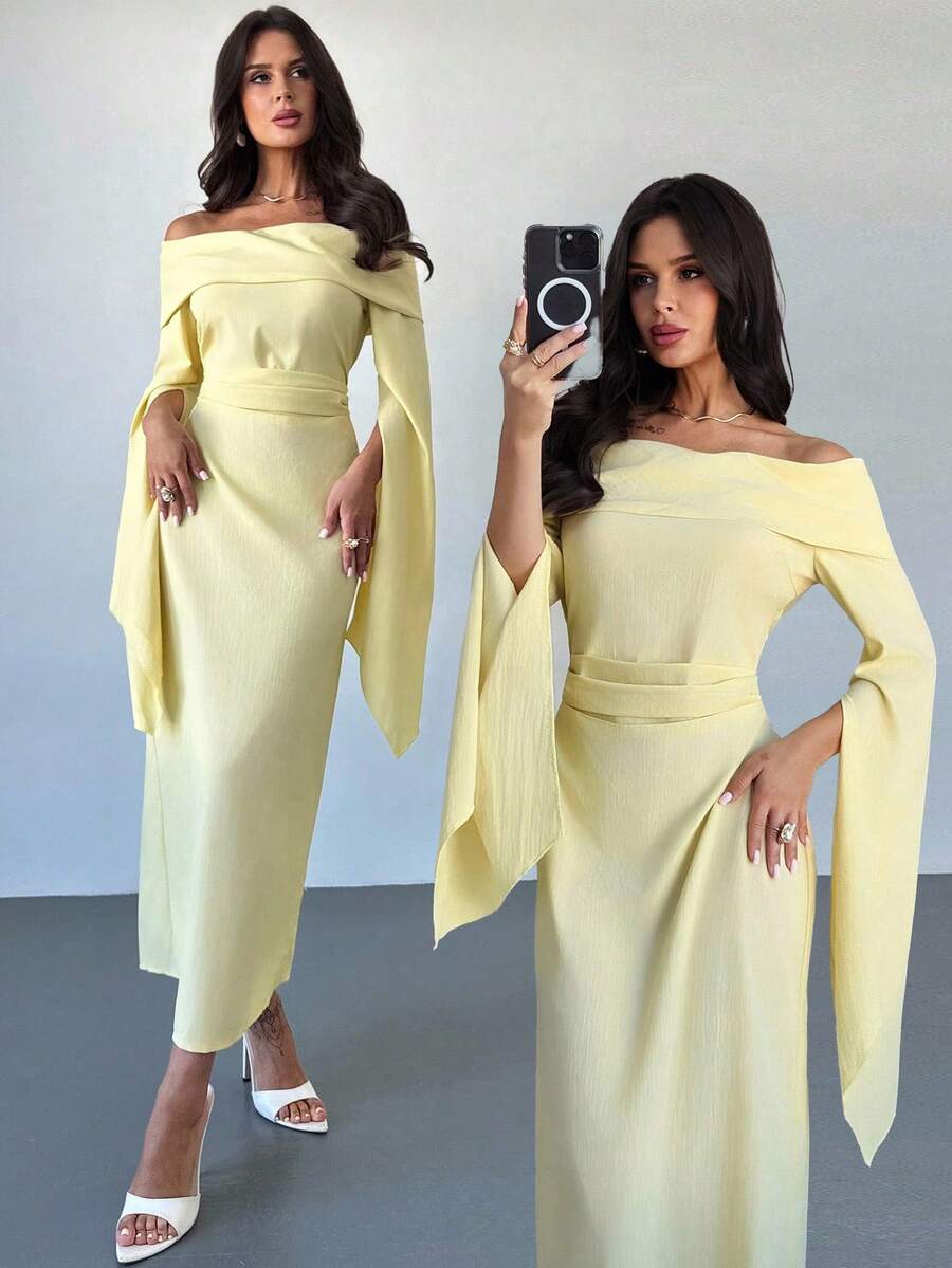Firerie 优雅纯色露肩长袖褶皱腰 A 字中长连衣裙，适合日常、度假、返校、毕业典礼、派对 - 奶油黄
