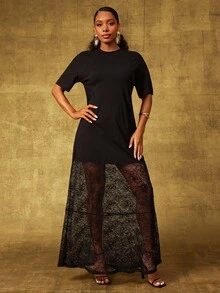 Vixey Drop Shoulder Oversized T Shirt Dress With Lace Hem, Going Out - Black - View 4