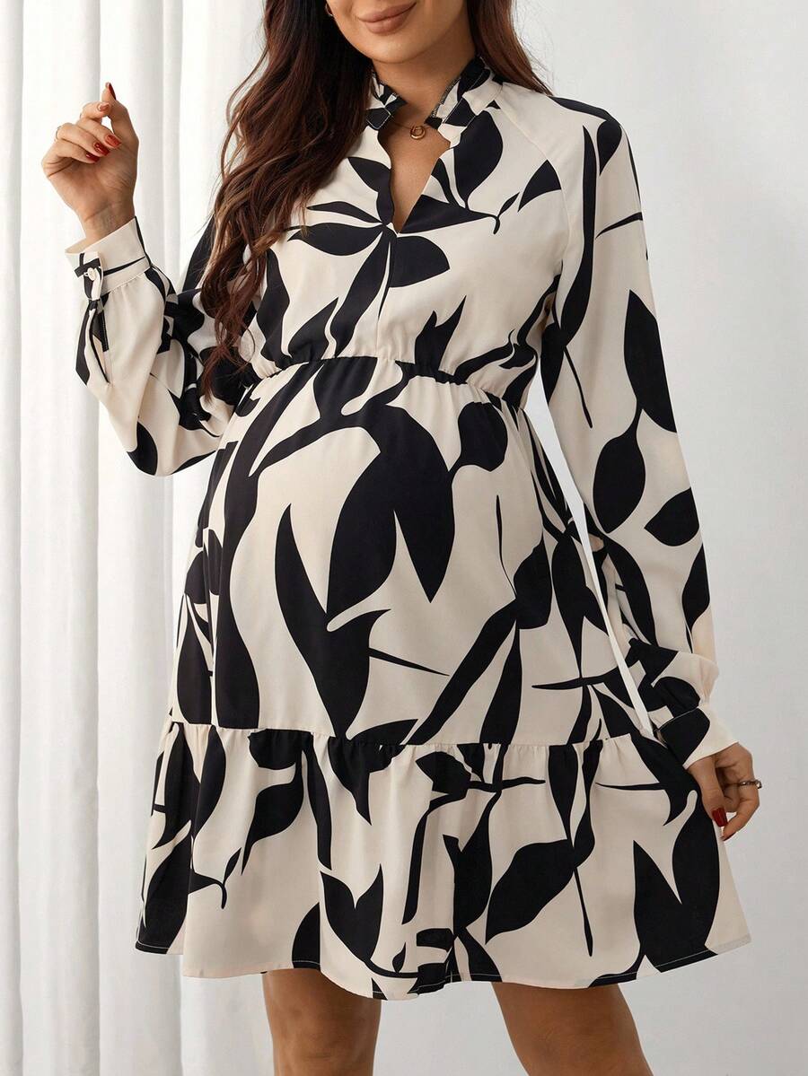 SHEIN 孕妇V领花卉印花荷叶边下摆休闲连衣裙 - 彩色 - 查看 1