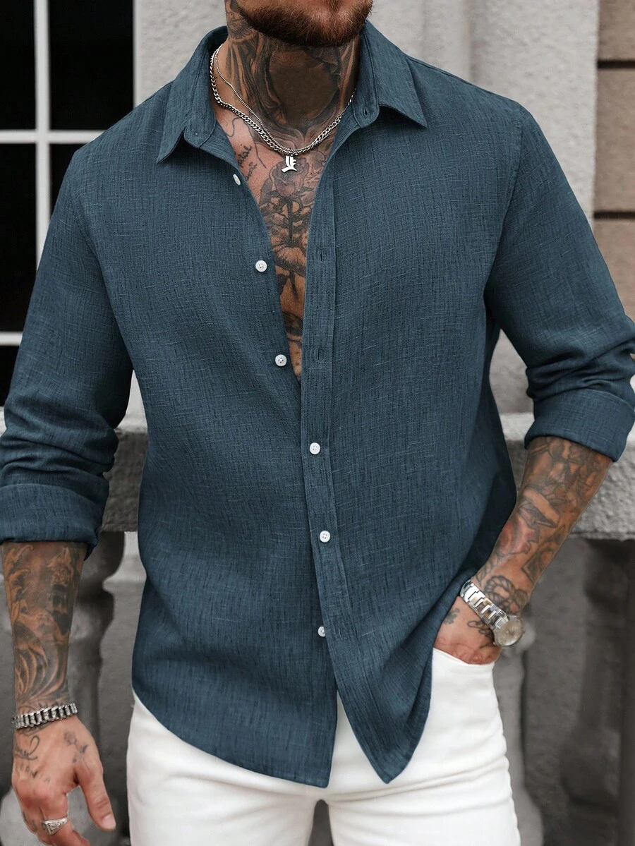 Manfinity CasualCool Men's Solid Color Casual Linen Long Sleeve Shirt, Fall Teal Men Shirt Casual Men Shirt Boho Men Shirt Men Textured Shirt Men Shirts Linen, Formal - Green - View 1