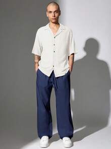 SUMWON 优质阔腿亚麻溜冰裤，腰部抽绳，现代阔腿风格，宽松度假服，夏季春季休闲沙滩休闲服 - 藏蓝色 - 查看 3