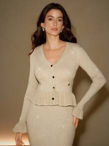 Anewsta Women's Elegant V-Neck Ruffle Hem Knit Dress, Autumn/Winter - Apricot - View 3