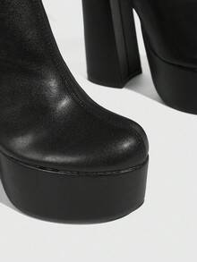 CUCCOO SZL 女士黑色方头粗跟防水厚底弹力简约风派对侧拉链踝靴，适合圣诞节穿着 - 黑色 - 查看 6