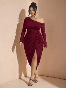SHEIN BAE Plus Size Women Ruched Mesh Long Sleeve Semi-Sheer Dress - Burgundy - View 7