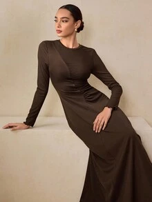 Graceveil Women's Round Neck Long Sleeve Cinched Waist Pleated High-End Design Fitted Knit Dress