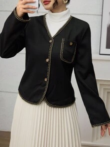 Lacomfia Women's Elegant Commuter Contrast Trim Short Jacket - Black - View 3