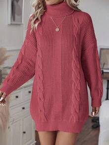 EMERY ROSE Women's Casual Knitted Dress With High Neck, Drop Shoulder, Long Sleeve, Cable Pattern, Suitable For Autumn/Winter - Rose Red - View 5