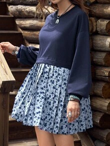 Vestido de sudadera casual de cuello redondo 2 en 1 con estampado de patchwork suelto para mujer de LanaWest