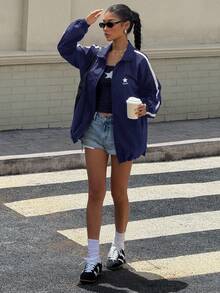 SHEIN Áo khoác thông thường màu đen cho bé gái mới trở lại trường màu khối tương phản màu sắc thường ngày - Màu xanh hải quân - Xem 4