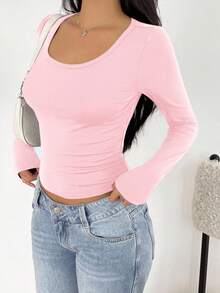 CovetEZ Light Pink Women's Casual Minimalist Crew Neck Raglan Sleeve Fitted Long Sleeve Base Layer T-Shirt, Suitable For Autumn/Winter - Baby Pink - View 7