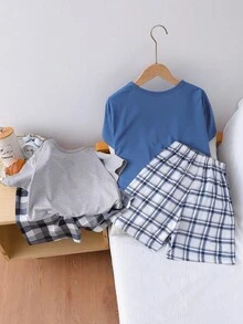 SHEIN 4pcs/Set Boys' Casual Solid Color Short Sleeve Top And Plaid Shorts Loungewear Set, Comfortable And Loose Fit - Grey - View 2