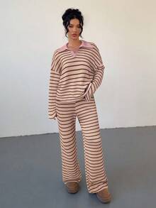 Siren Gaze 女式两件套宽松条纹 V 领落肩长袖 T 恤和松紧腰条纹裤，冬季毛衣套装，秋冬 - 粉色 - 查看 6