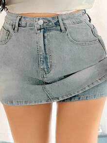 Dazy Plus Plus Size Washed Distressed Wrap-Around Bodycon Safety Short Denim Skirt, Spring/Summer Jeans Skirt - Light Wash - View 1