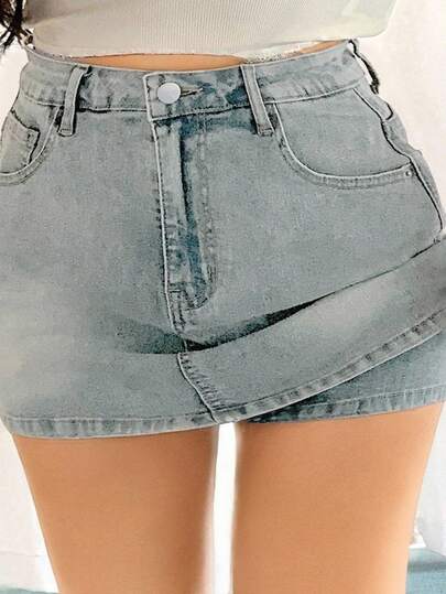 Dazy Plus Minifalda de mezclilla ajustada con efecto desgastado y lavado, con envolvente de , para primavera/verano