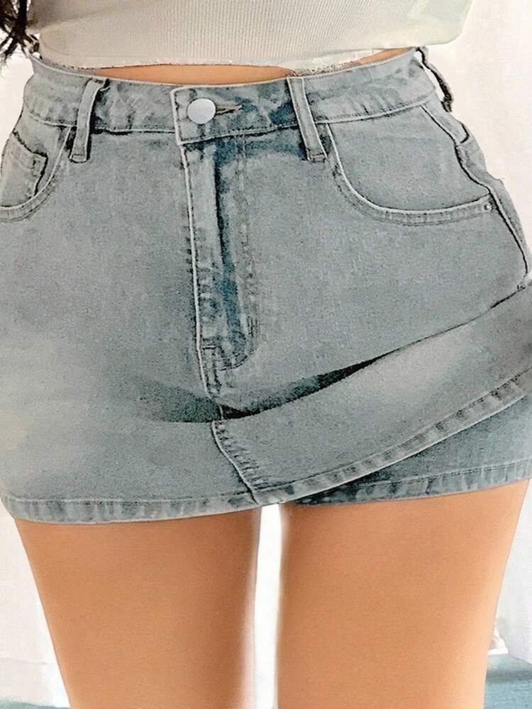 Dazy Plus Plus Size Washed Distressed Wrap-Around Bodycon Short Denim Skirt, Spring/Summer Jeans Skirt