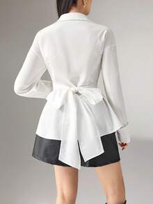 Heiryn Women's Elegant Commuter Solid Color Tie Waist Shirt - White - View 4