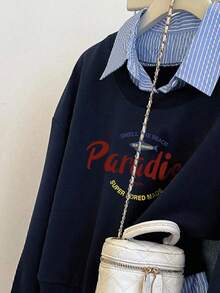 INAWLY 新款宽松时尚翻领二合一条纹长袖衬衫女式运动衫