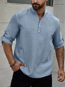 Manfinity CasualCool Loose Fit Men Half Button Roll Up Sleeve Shirt, Fall - Blue - View 4